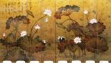 新中式手绘荷花折叠隔断酒店木屏风 漆画做旧金箔活动背景墙屏风
