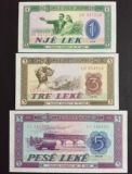 【欧洲】全新UNC 阿尔巴尼亚纸币（1、3、5列克）3枚/套外国钱币