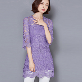 夏季新款韩版女式中长款蕾丝衫七分袖修身显瘦打底衫镂空上衣小衫