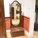 欧式穿衣镜 美式实木全身镜卧室组合 带抽古典储物柜落地镜旋转