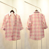 韩国东大门2016小清新春季女装新款粉色格子系中长款棉麻长袖衬衫
