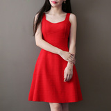 女装韩版夏裙红色连衣裙修身a字裙短款背带裙手工针织气质打底裙