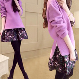 秋装两件套2016年新款气质女欧洲站长袖毛呢外套半身裙紫色套装潮
