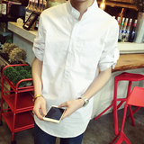 夏季男装韩版修身青年短袖男士立领中长款衬衫男款发型师白衬衣潮