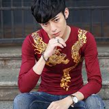 男士中国风印花长袖T恤潮烫金修身大码莱卡棉秋季体恤打底衫上衣