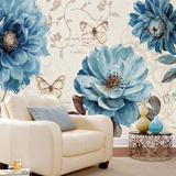 美式乡村大型壁画蓝色牡丹花田园墙纸客厅卧室电视背景墙壁纸墙布
