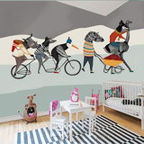 3d个性抽象手绘壁纸儿童房卧室男孩卡通动物大型壁画北欧艺术墙布