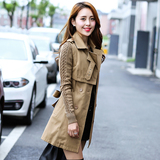 2016春装新款韩版修身气质中长款针织袖风衣韩国时尚双排扣外套女