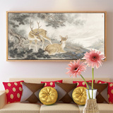 中式梅花鹿动物 山水风景 水墨画装饰画 书房客厅卧室背景墙挂画