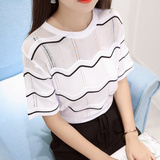 2016夏季韩版波浪透视短袖圆领性感缕空薄款针织上衣T恤打底衫女
