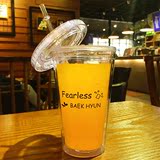 韩国饮料果汁杯透明双层吸管杯子学生塑料随手杯带盖创意个性水瓶