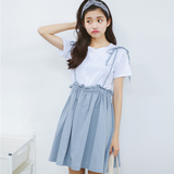 夏季日系韩版甜美学院风短袖T恤木耳蝴蝶结背带连衣裙两件套装女