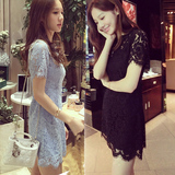 韩国夏装小香风裙子夏季包臀短袖修身显瘦黑色镂空蕾丝连衣裙短款