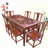 榆木实木仿古家具明清中式古典餐桌 镂空雕花格子长餐桌可配椅