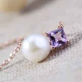 天然韩国珍珠项链 S925纯银镀18K金项链 方形紫水晶珍珠吊坠项链