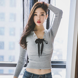 秋季新款韩版修身显瘦个性独特大码长袖T恤打底衫系带短款上衣女