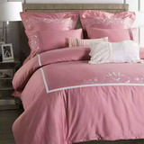 新款欧式奢华绣花纯棉四件套纯色刺绣公主粉全棉被套床单床上用品