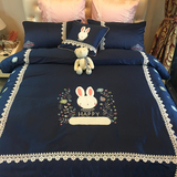 欧美式高档蓝色刺绣长绒棉四件套纯色全棉被套床单绣花床品1.8m床