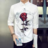 夏季男韩版玫瑰花个性五分袖衬衣青年理发师发型师修身中袖衬衫男