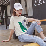 纯色韩版宽松短袖T恤女夏字母刺绣半袖上衣短款纯白色学生体恤衫