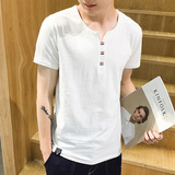夏季男士T恤短袖V领韩版宽松纯白半袖纯棉青年纯色上衣体恤男装潮