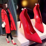 春季女士红色结婚鞋子新娘鞋尖头细跟红鞋性感高跟浅口夏单鞋水钻