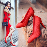 新款气质女士红色结婚鞋子中式秀禾服新娘尖头细跟红鞋婚礼鞋高跟