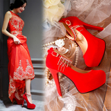 春秋女士红色结婚鞋子细跟防水台高跟婚礼新娘鞋水钻红鞋单鞋夏季