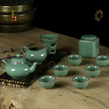 龙泉青瓷茶具哥窑梅子青套组冰裂开片笑樱茶壶盖碗整套功夫茶具