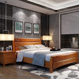 现代卧室中式纯全实木床 1.5米单人双人床1.8橡木收纳高箱储物床