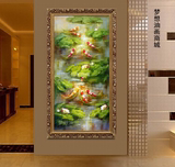 手绘油画玄关装饰画竖版走廊壁画单幅有框画欧式画荷花池塘九鲤鱼