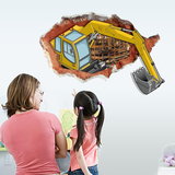 儿童3D挖掘机玻璃墙面贴画 幼儿园儿童房卧室背景墙装饰自粘贴画