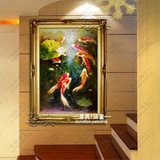 手绘定制油画玄关装饰画九鱼图竖版现代客厅壁画中式风水走廊挂画