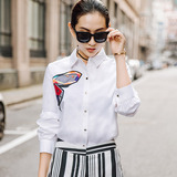 2016夏季新款女装刺绣白衬衫大码韩版宽松长袖上衣修身衬衣外套女
