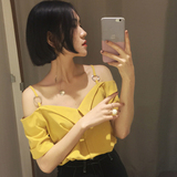 韩国韩版2016夏装女新款一字领吊带短袖衬衫上衣露肩低胸性感衬衣