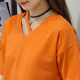 2016夏季韩版短袖t恤学生简约纯色锁骨镂空v领宽松大码女装