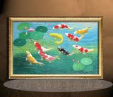 纯手绘油画 九条鲤鱼客厅玄关装饰画现代挂画 壁画九鱼图年年有余
