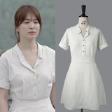 2016夏女装宋慧乔明星同款韩版短袖中长款条纹收腰白色衬衫连衣裙