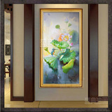 手绘中式荷花花鸟工笔油画家居客厅玄关装饰画过道走廊竖幅有框画