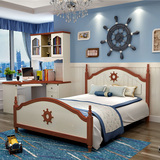 地中海儿童床 环保实木床男孩女孩单人床米色蓝色高箱床1.2米