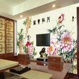 中式富贵牡丹大型壁画 客厅沙发背景墙纸壁纸墙布 无缝壁画真丝布