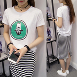 2016夏季新款两件套韩版修身条纹棉质短袖上衣百褶A字短裙套装女