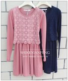 韩国RENEEVON专柜正品 两色羊毛假两件太阳花收腰长袖连衣裙3630