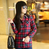 2013冬款韩版修身中长款女式格子衬衫加绒加厚保暖格子衬衣女外套