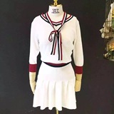 MIUCO女装2016夏季学院风条纹蝴蝶结系带V领针织衫+百褶半裙套装