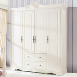 欧式韩式田园白色实木雕花四门衣柜带抽柜卧室衣柜复古做旧铜拉手