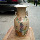 清代老瓷器 大花瓶 珊瑚红 粉彩瓷瓶 人物故事诗文 42公分