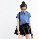 KNGS夏季韩国简约竖条纹宽松常规显瘦蝙蝠袖POLO领短袖衬衫女上衣