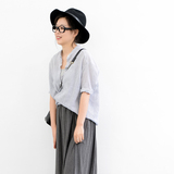 KNGS 夏季韩国复古细条纹薄款常规宽松简约小立领短袖衬衫女上衣