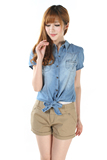 2015春夏新款韩版女装修身水洗牛仔衬衫女肩章短袖系带全棉衬衣